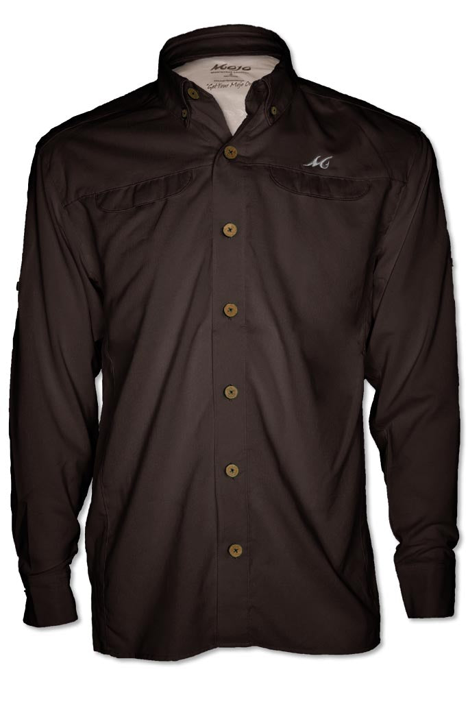 Dark brown button-up shirt with a collar on a white background