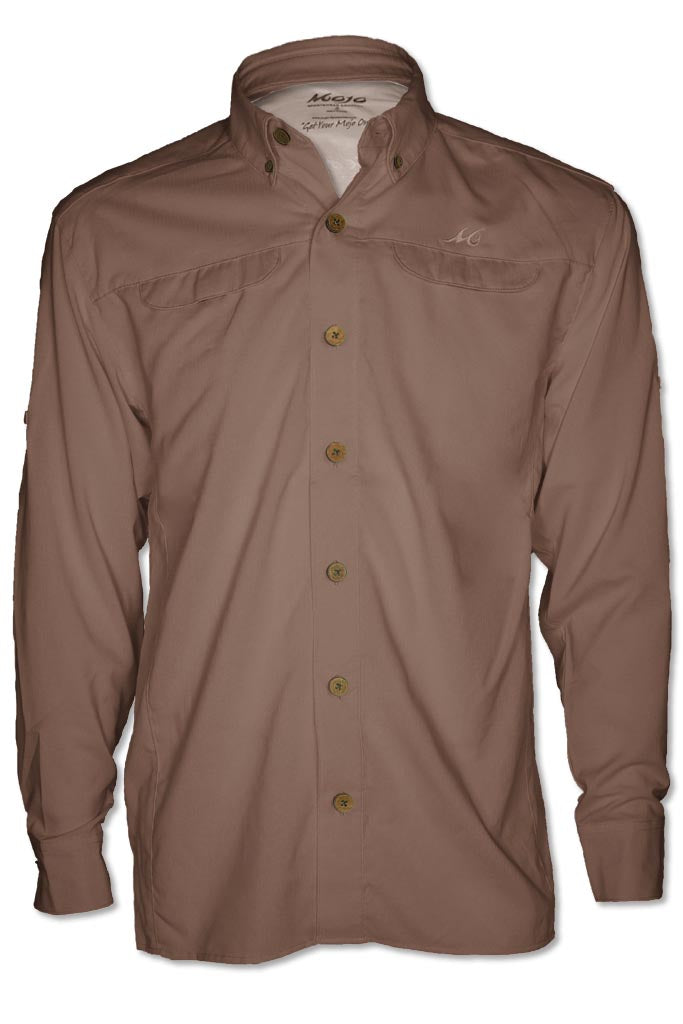 Brown button-up shirt on a white background