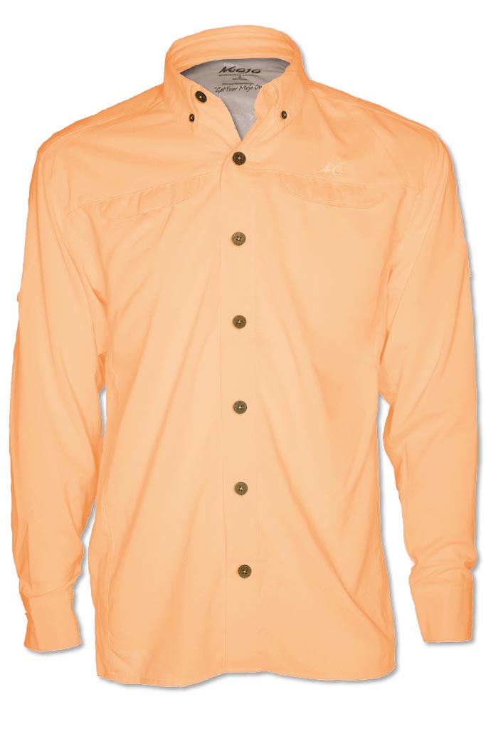 Orange button-up shirt on a white background