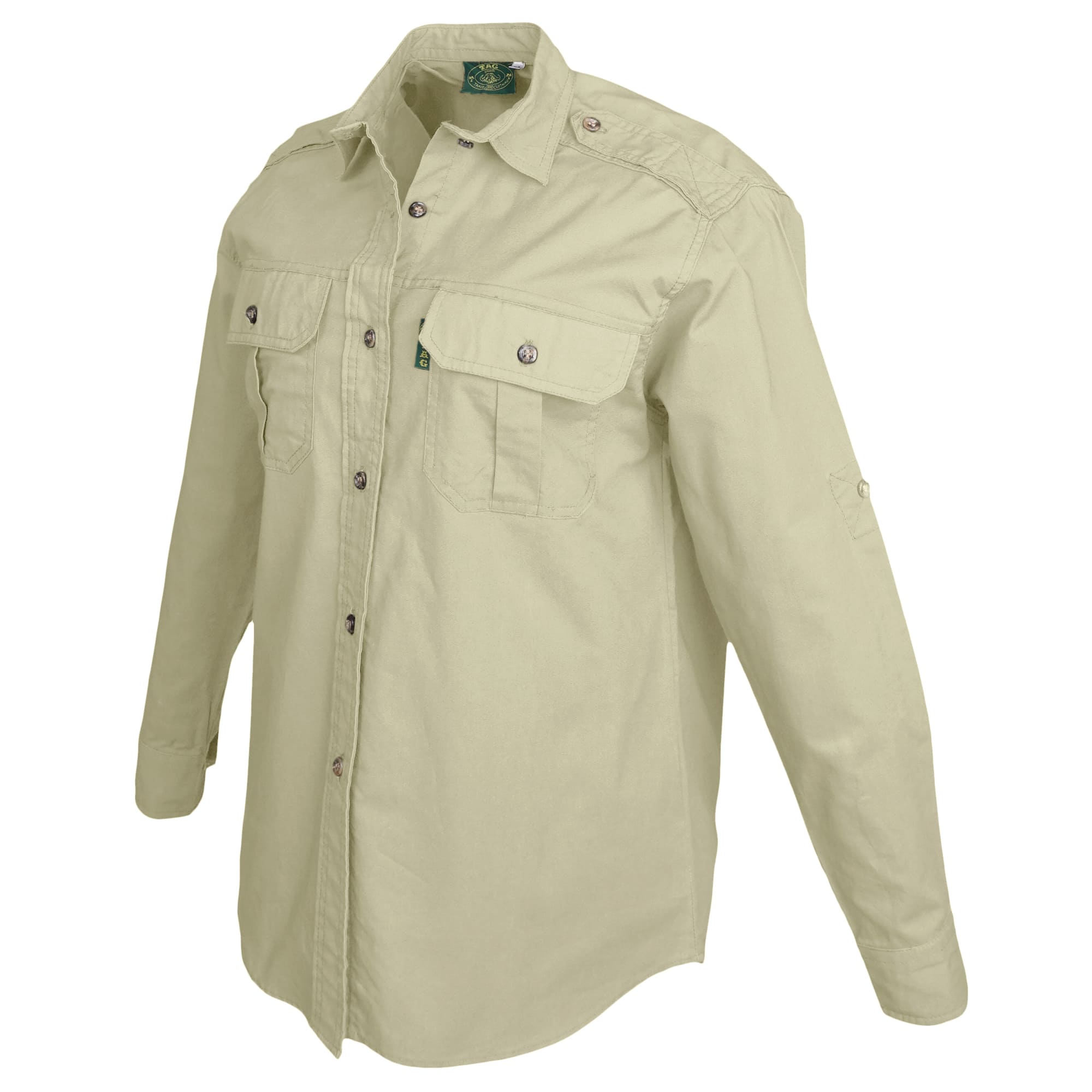 Beige shirt with two front pockets on a white background