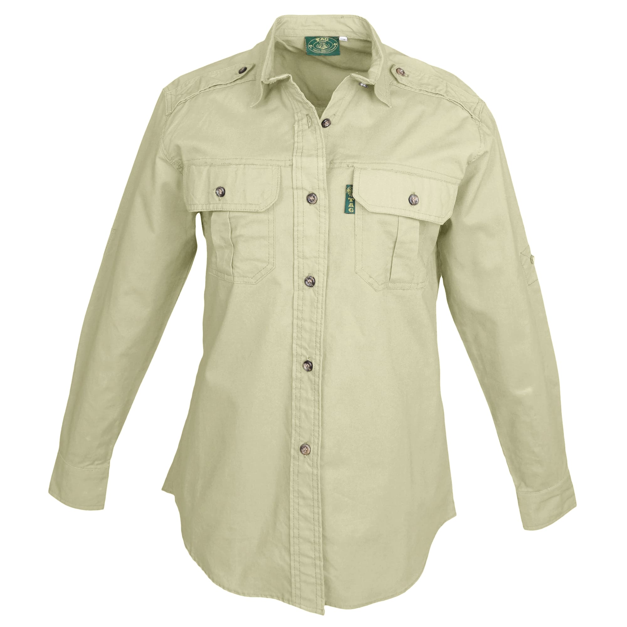 Beige shirt with button details on a white background