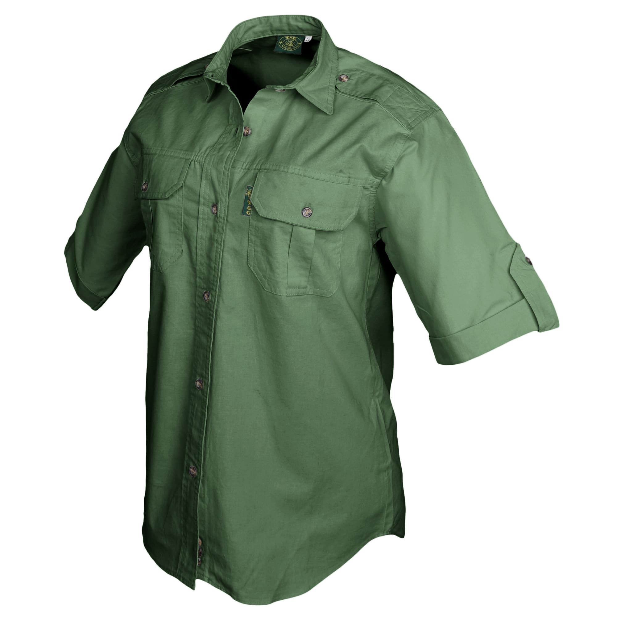 Green shirt with rolled-up sleeves on a white background