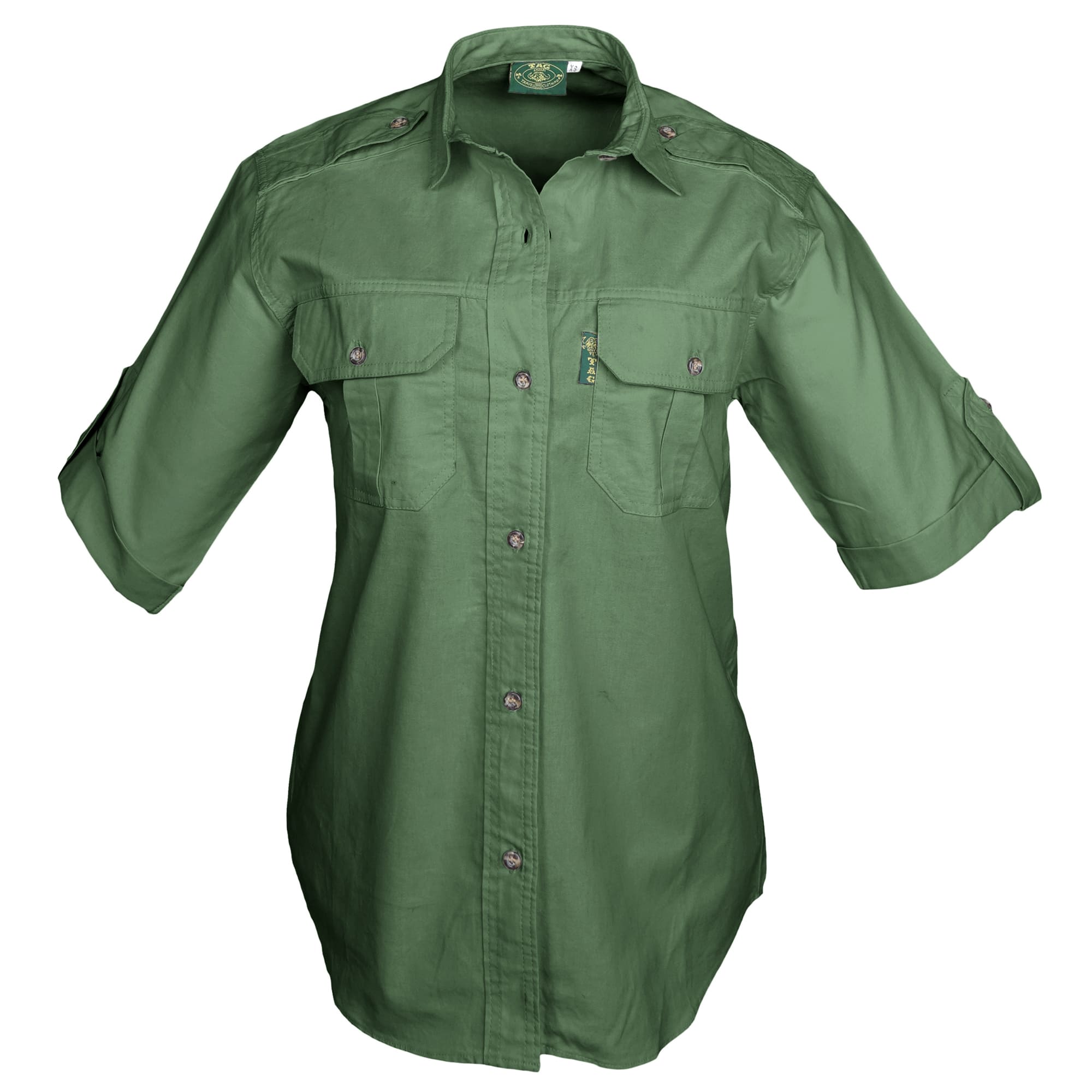 Green shirt with rolled-up sleeves on a white background