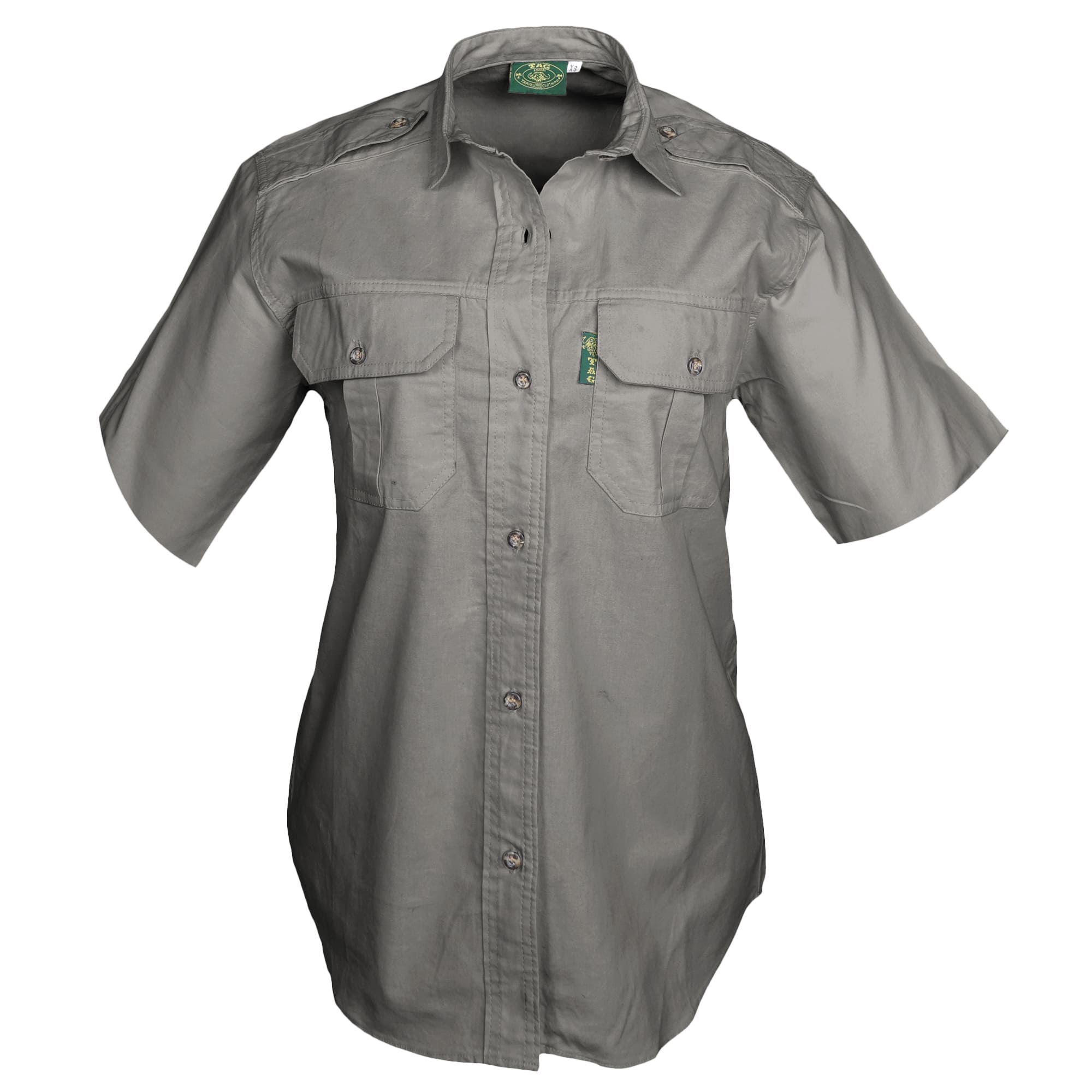 Gray short-sleeve shirt with button details on a white background