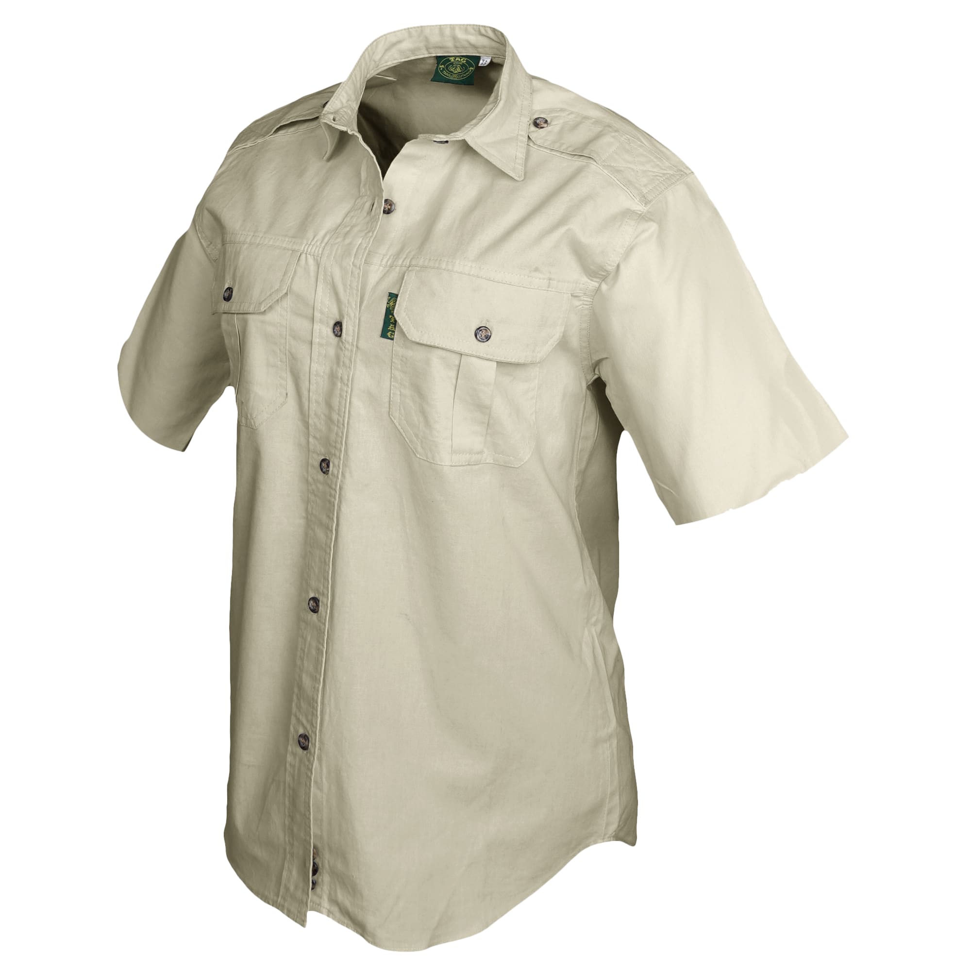 Beige short-sleeve shirt with button details on a white background