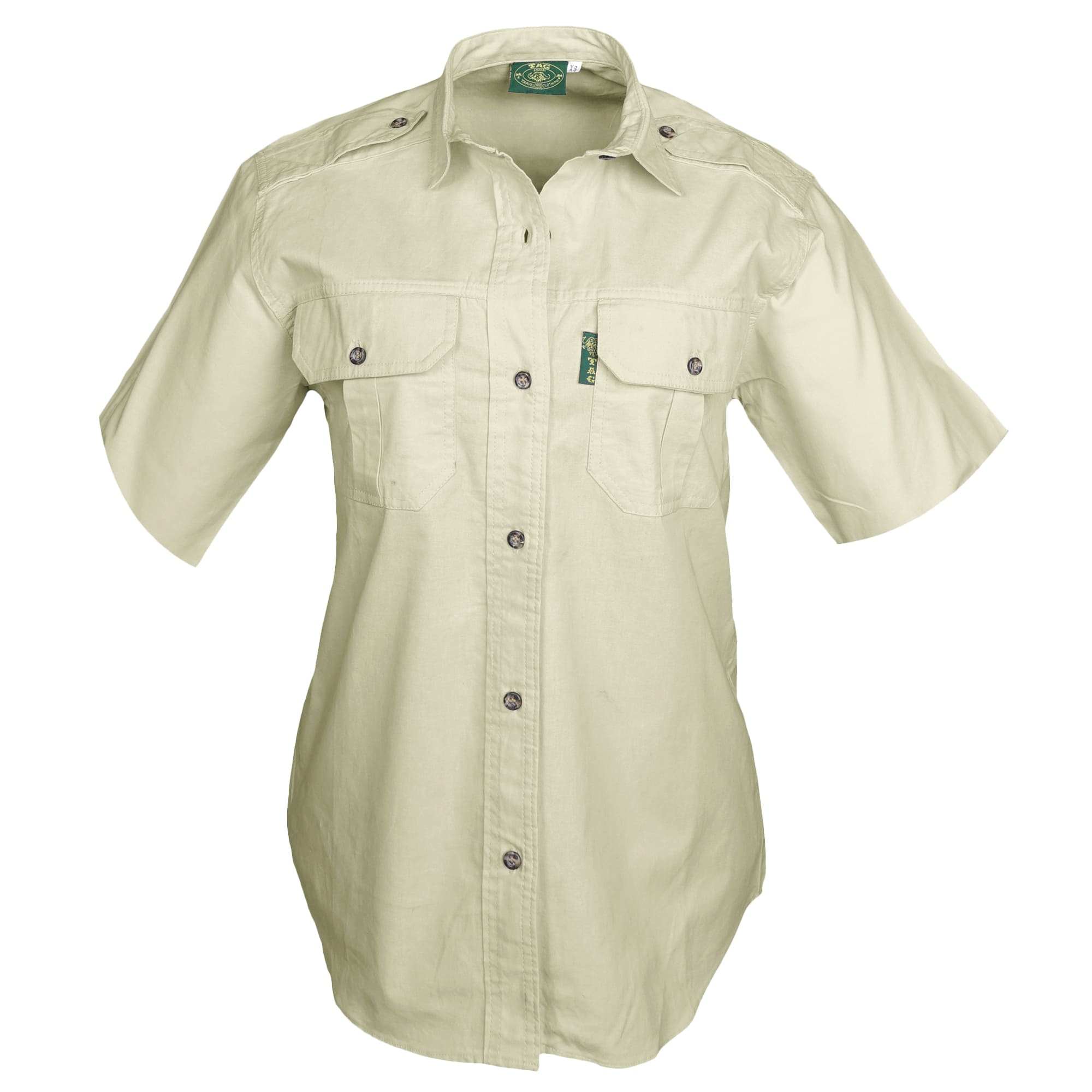 Beige short-sleeve shirt with button details on a white background