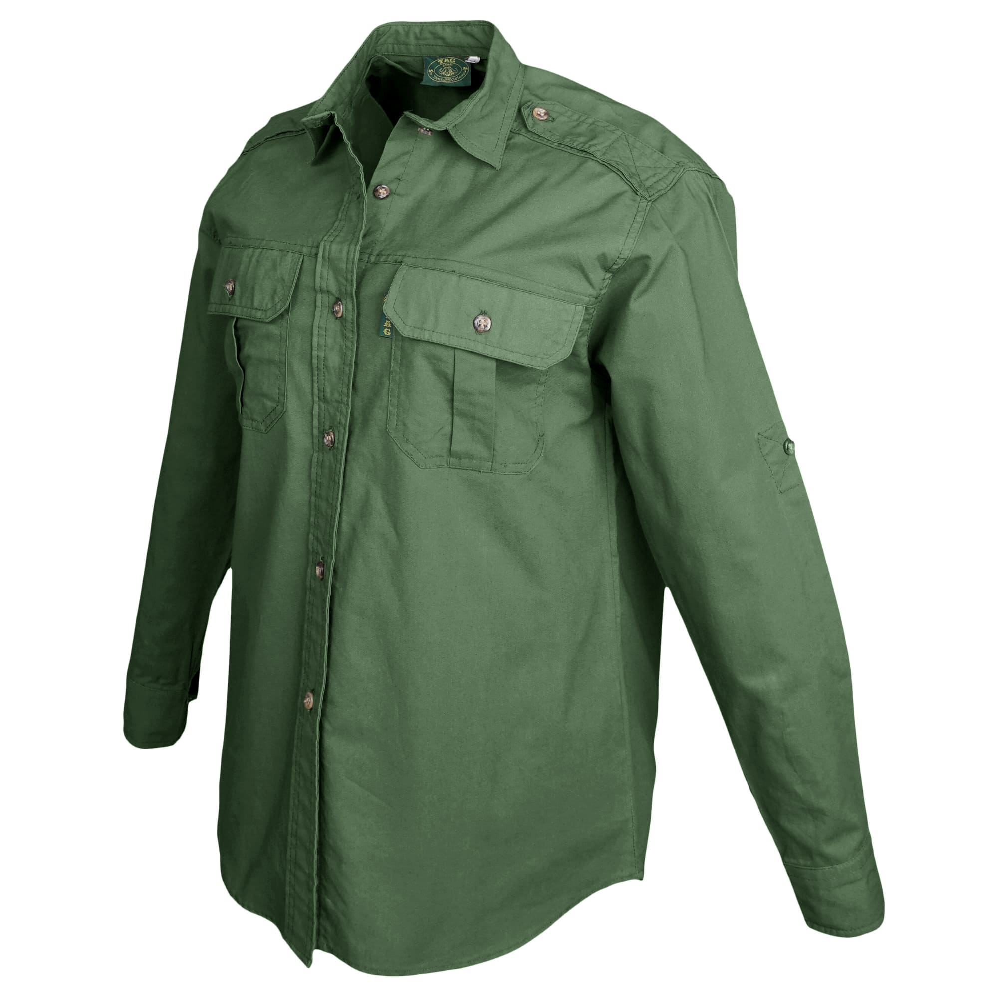Green shirt with multiple pockets on a white background