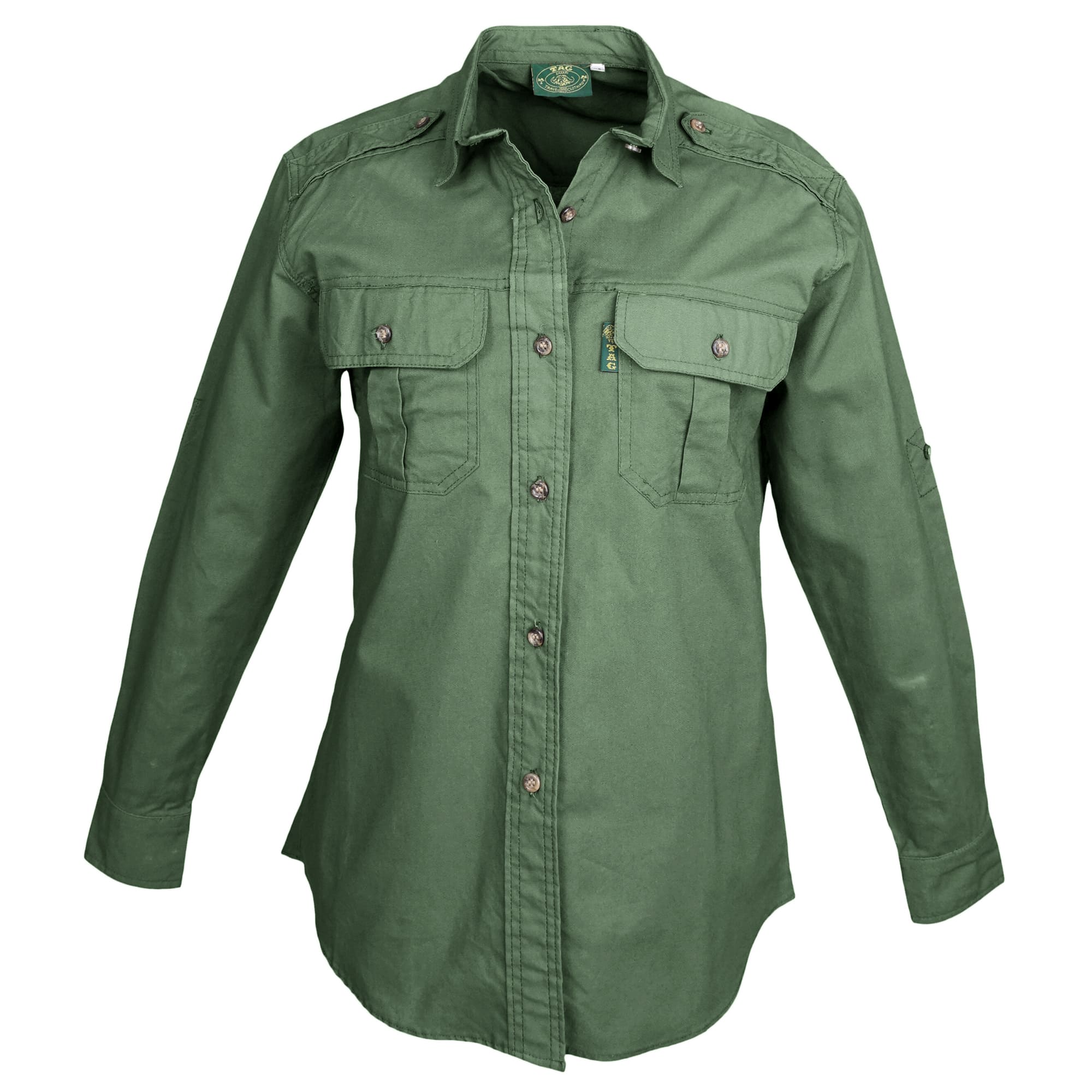 Green shirt with multiple pockets on a white background