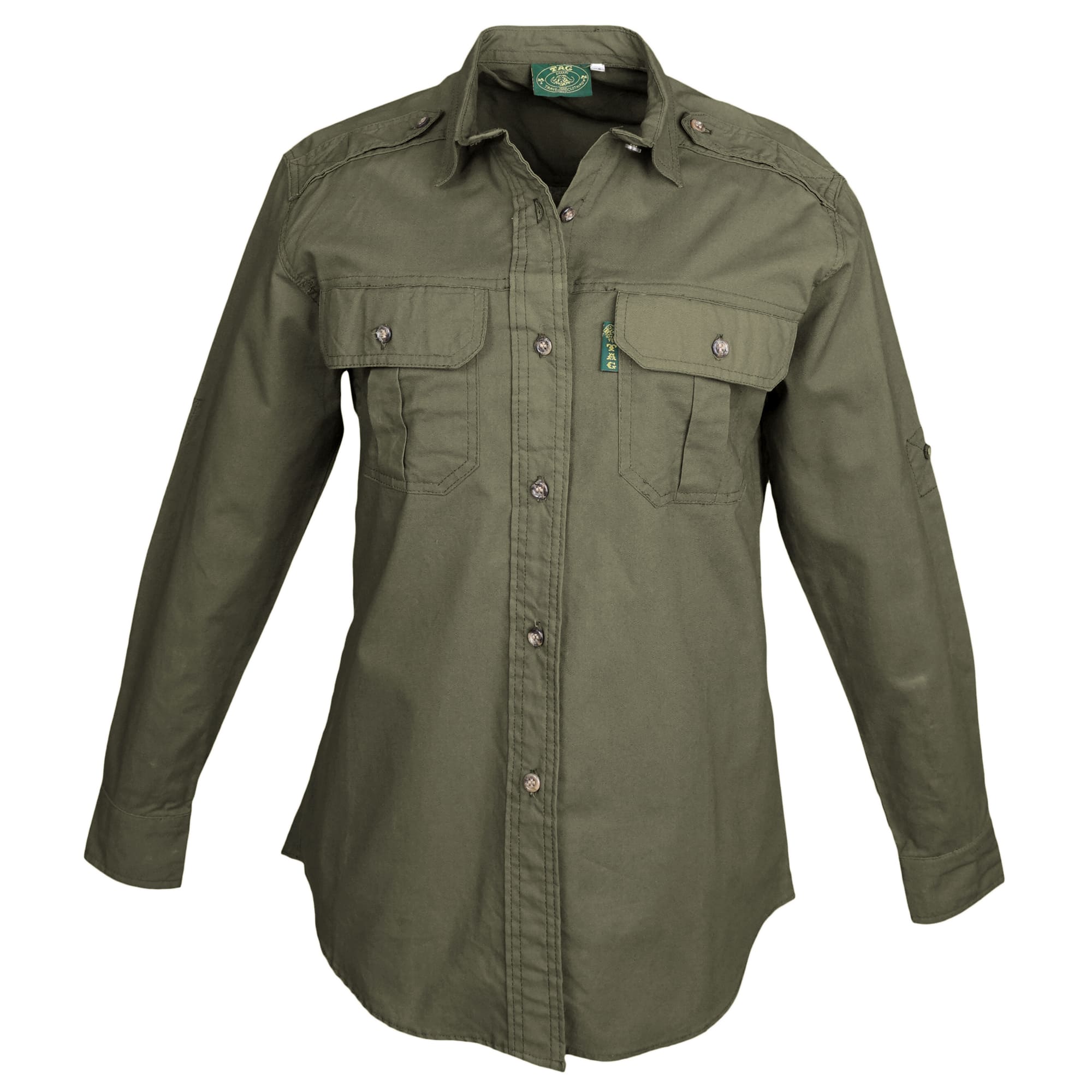Green shirt with button details on a white background