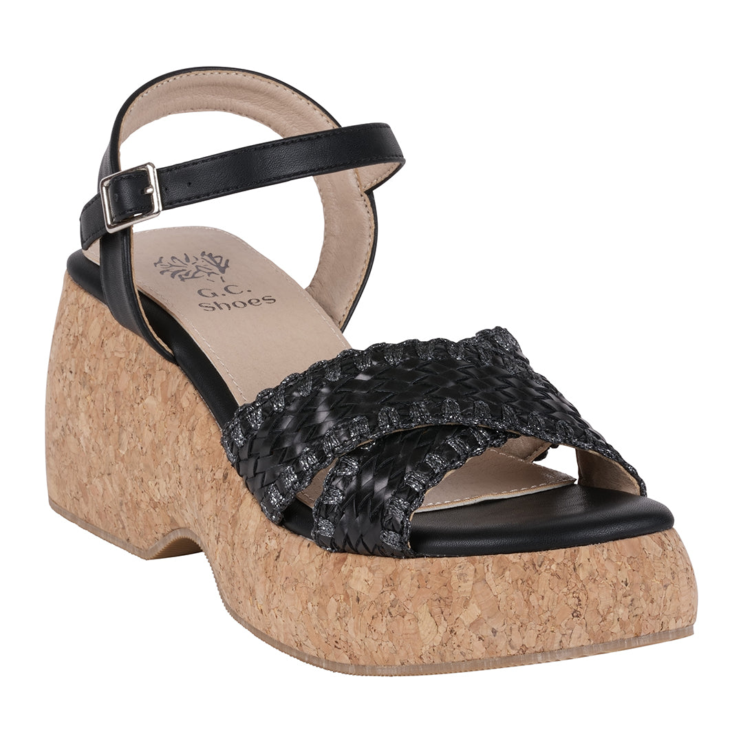 GC Shoes Lucy Black Cross Strap Slingback Platform Sandals
