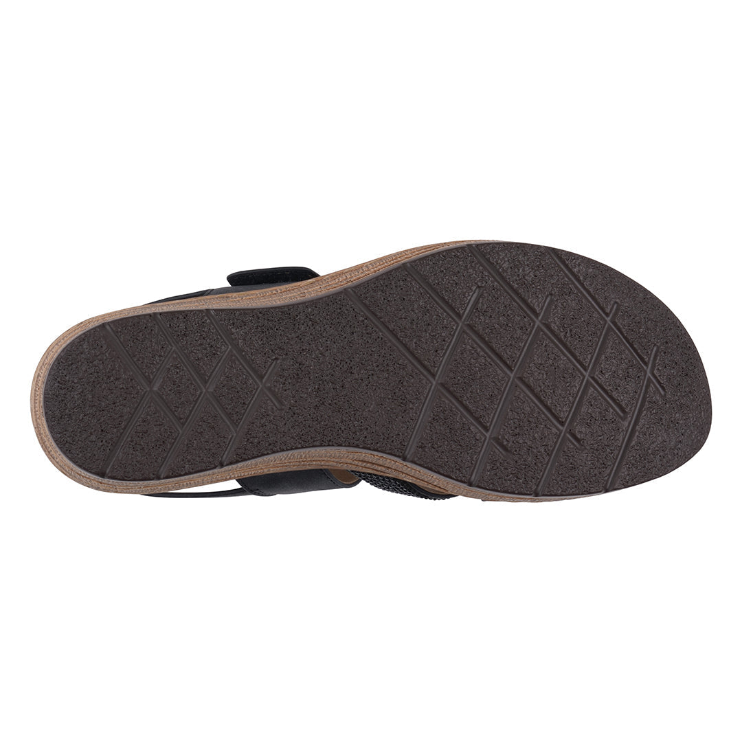 Dark brown sandal sole with a textured pattern on a white background