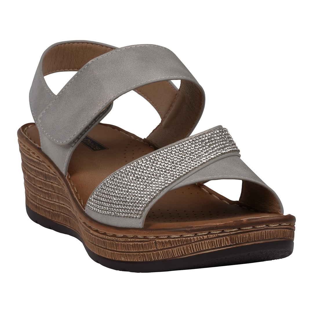 GC Shoes Women's Lux Grey Embellished Velcro Wedge Sandals