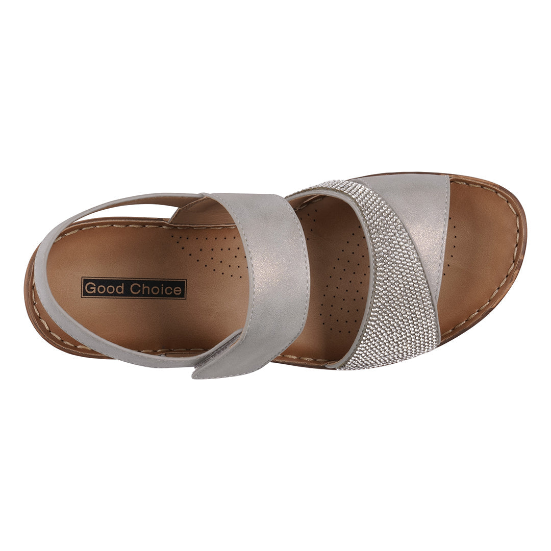 GC Shoes Women's Lux Grey Embellished Velcro Wedge Sandals