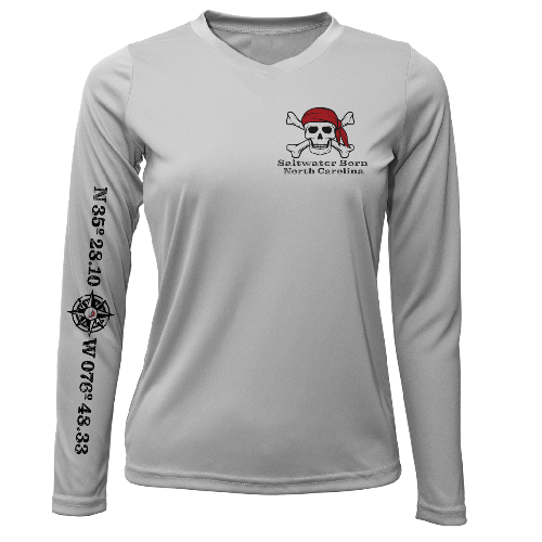 Gray long-sleeve shirt with a skull and crossbones design and text on a white background