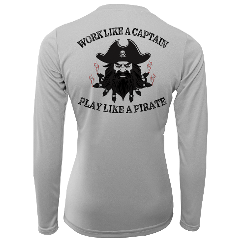 Gray long-sleeve shirt with pirate design and text on a white background