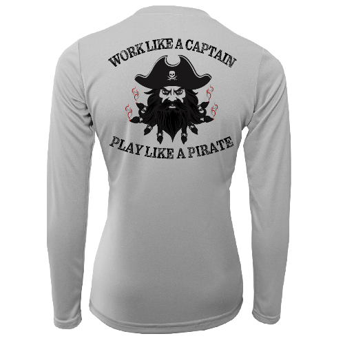 Gray long-sleeve shirt with pirate design and text on a white background
