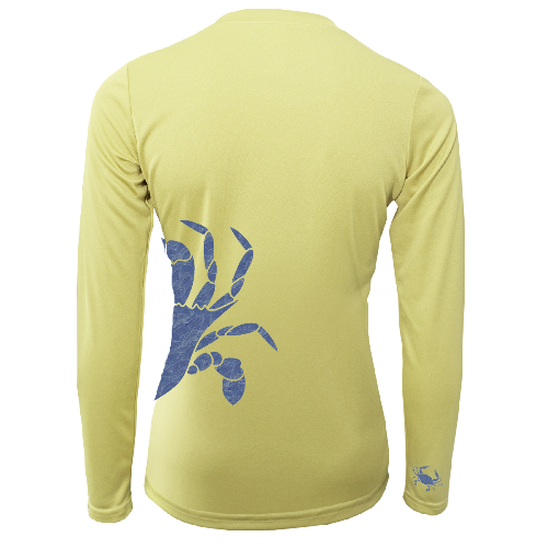 Yellow long-sleeve shirt with blue crab design on the back, on a white background