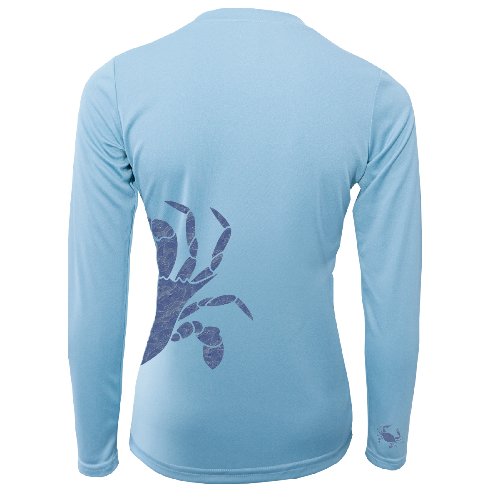 Light blue long-sleeve shirt with a graphic design on the back against a white background