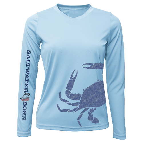 Light blue long-sleeve shirt with a crab design and 'Salwater Born' text on a white background