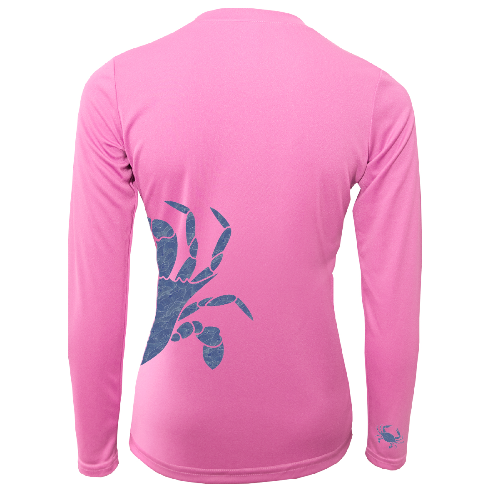 Pink long-sleeve shirt with blue graphic on the back against a white background