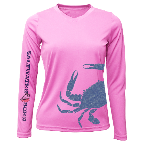 Pink long-sleeve shirt with a blue crab design and 'Saltwater Born' text on a white background