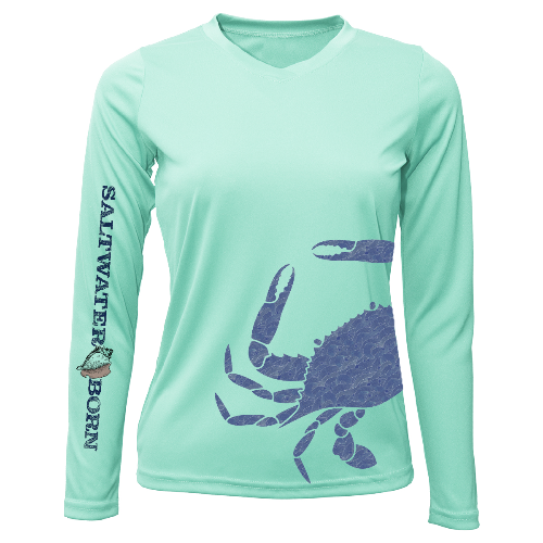 Mint green long-sleeve shirt with a purple crab design and 'Saltwater Born' text on a white background