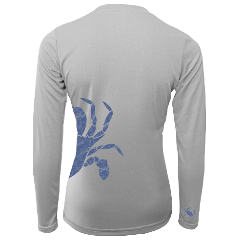 Gray long-sleeve shirt with blue graphic on the back against a white background