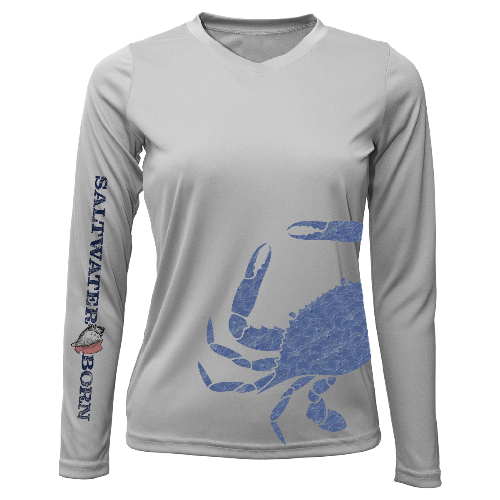Gray long-sleeve shirt with blue crab design and 'Salwater Born' text on a white background