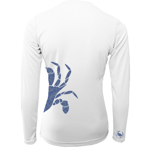 White long-sleeve shirt with blue graphic on a white background