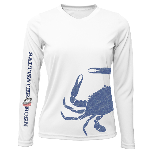 White long-sleeve shirt with blue crab graphic and 'Saliwater Born' text on sleeves, on a white background.