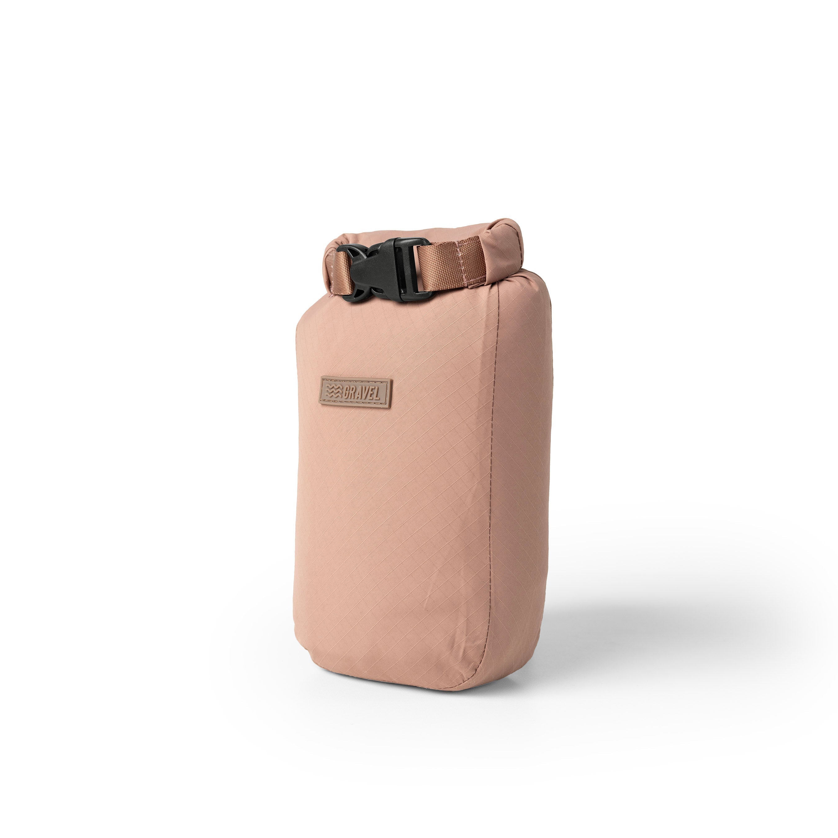 Beige pouch with a black buckle on a white background