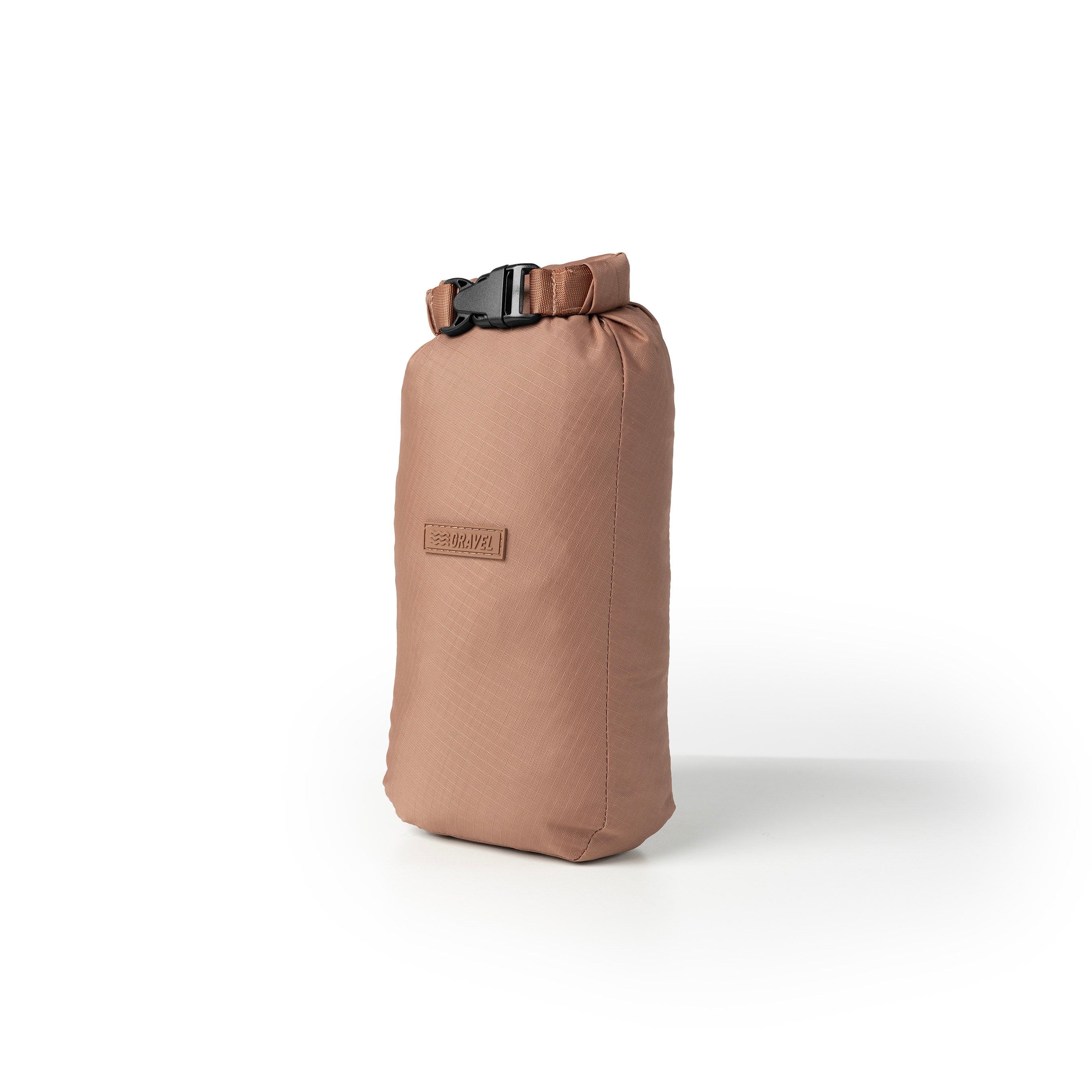 Brown dry bag with a black buckle on a white background