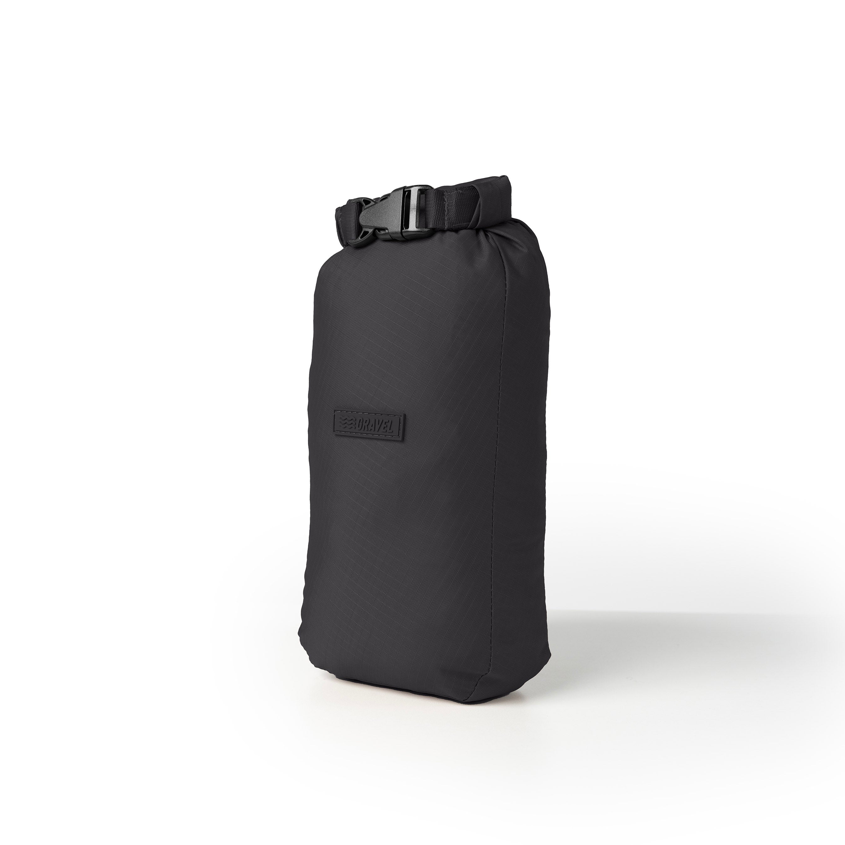 Black dry bag with a buckle on a white background