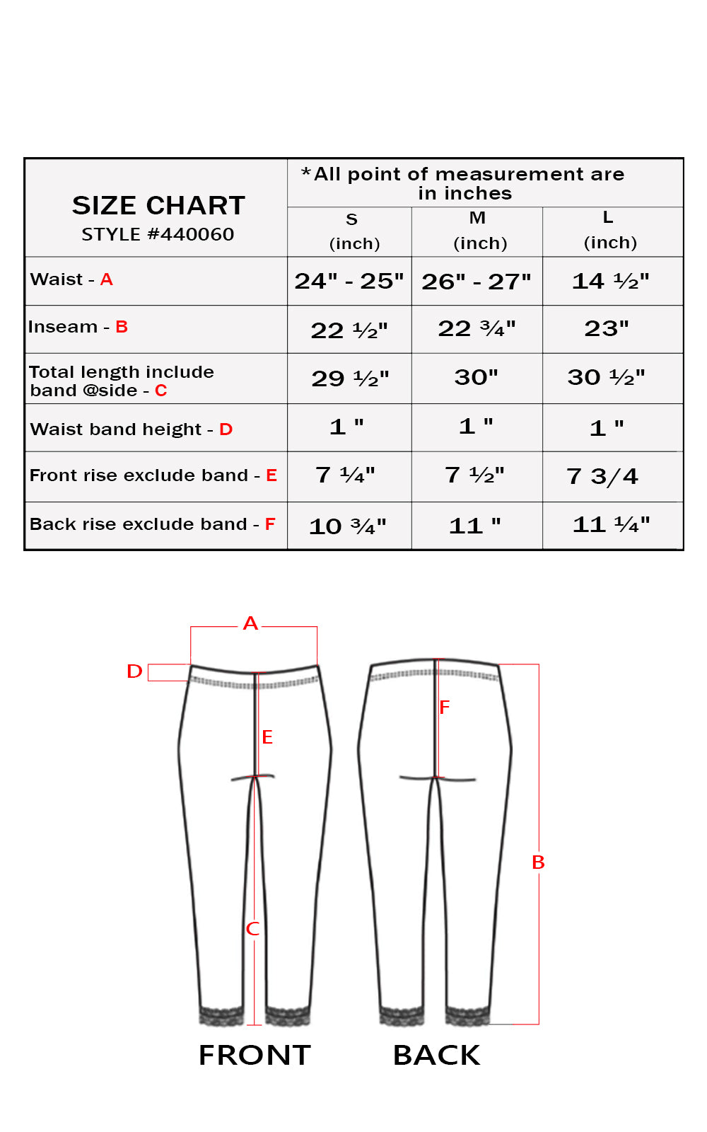 Size chart for pants with measurements in inches, including front and back views.
