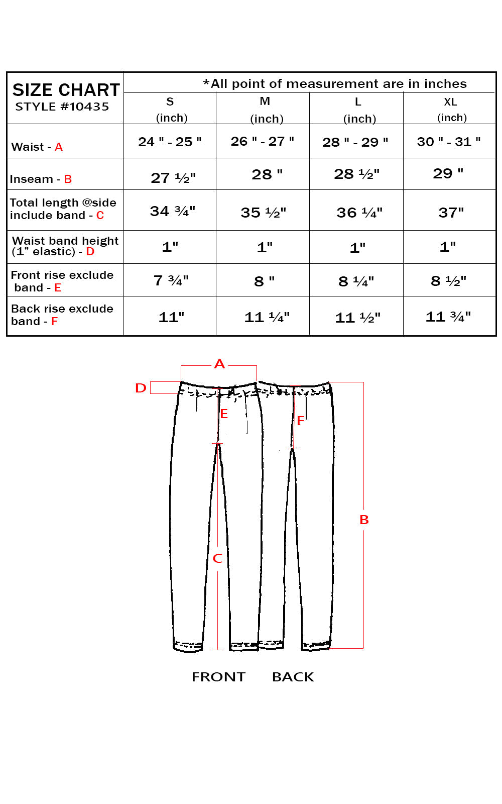 Size chart for pants with measurements in inches