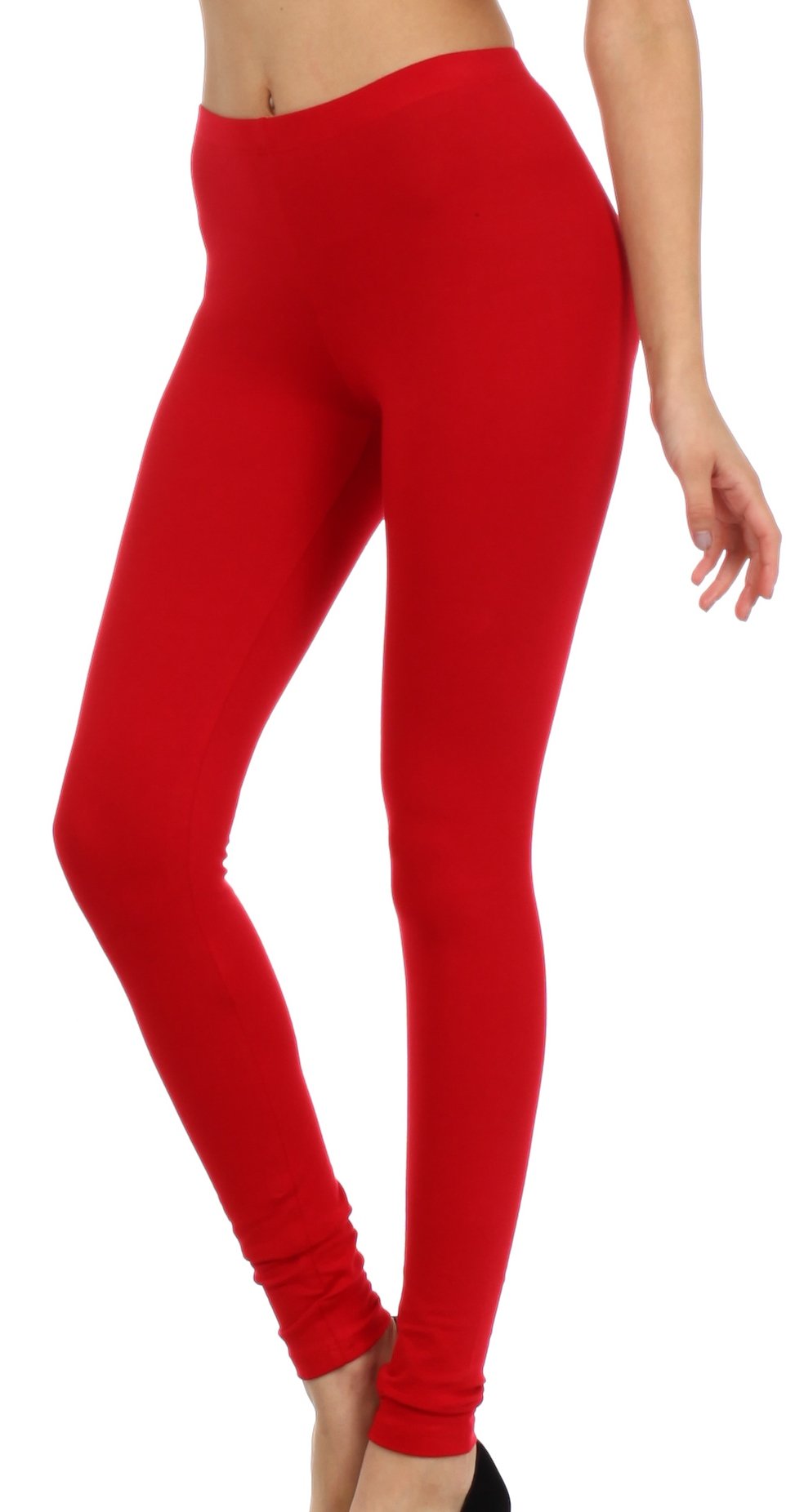 Red leggings worn by a person on a white background