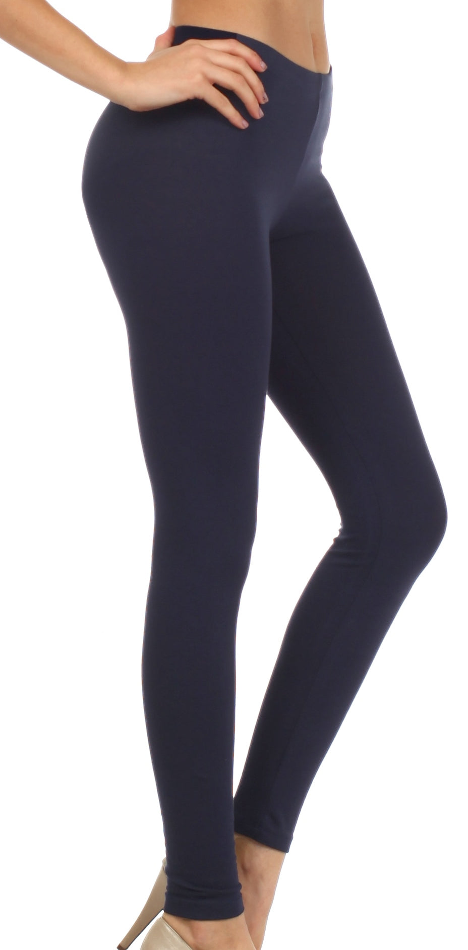 Navy blue leggings worn by a person on a white background