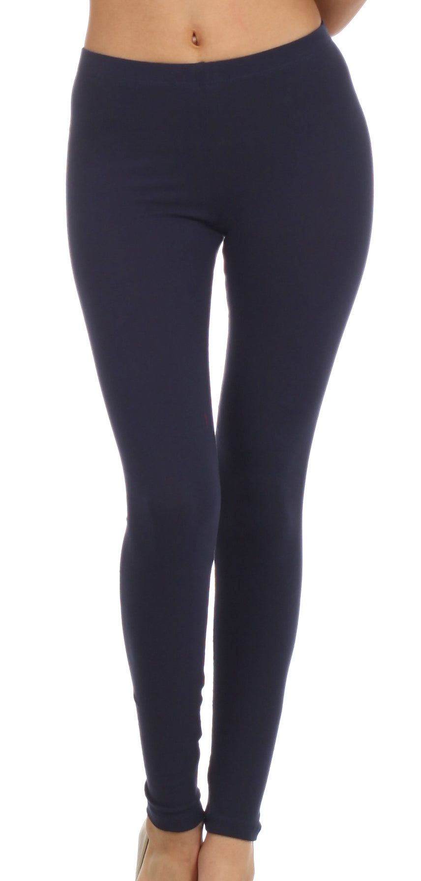 Navy blue leggings worn by a person on a white background