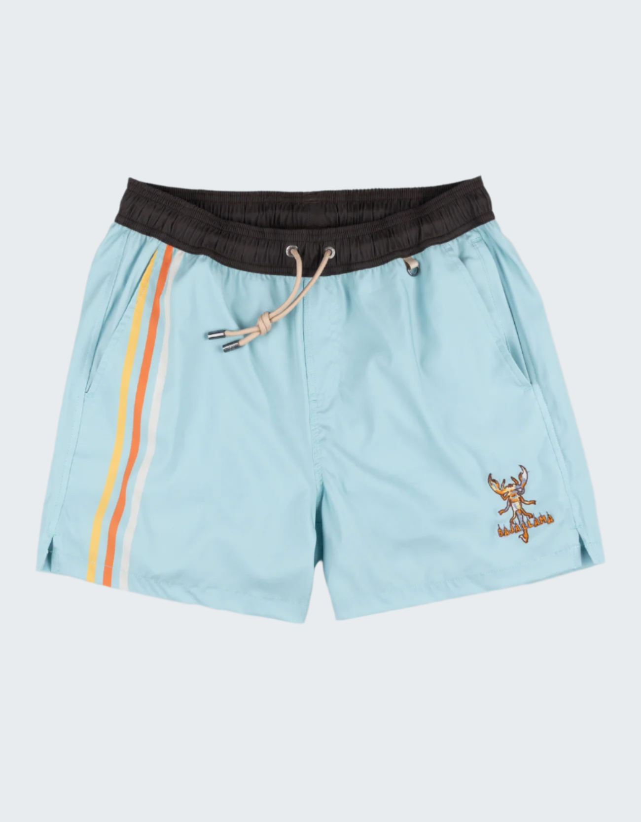 Light blue shorts with black waistband, colorful stripes, and a logo on a white background