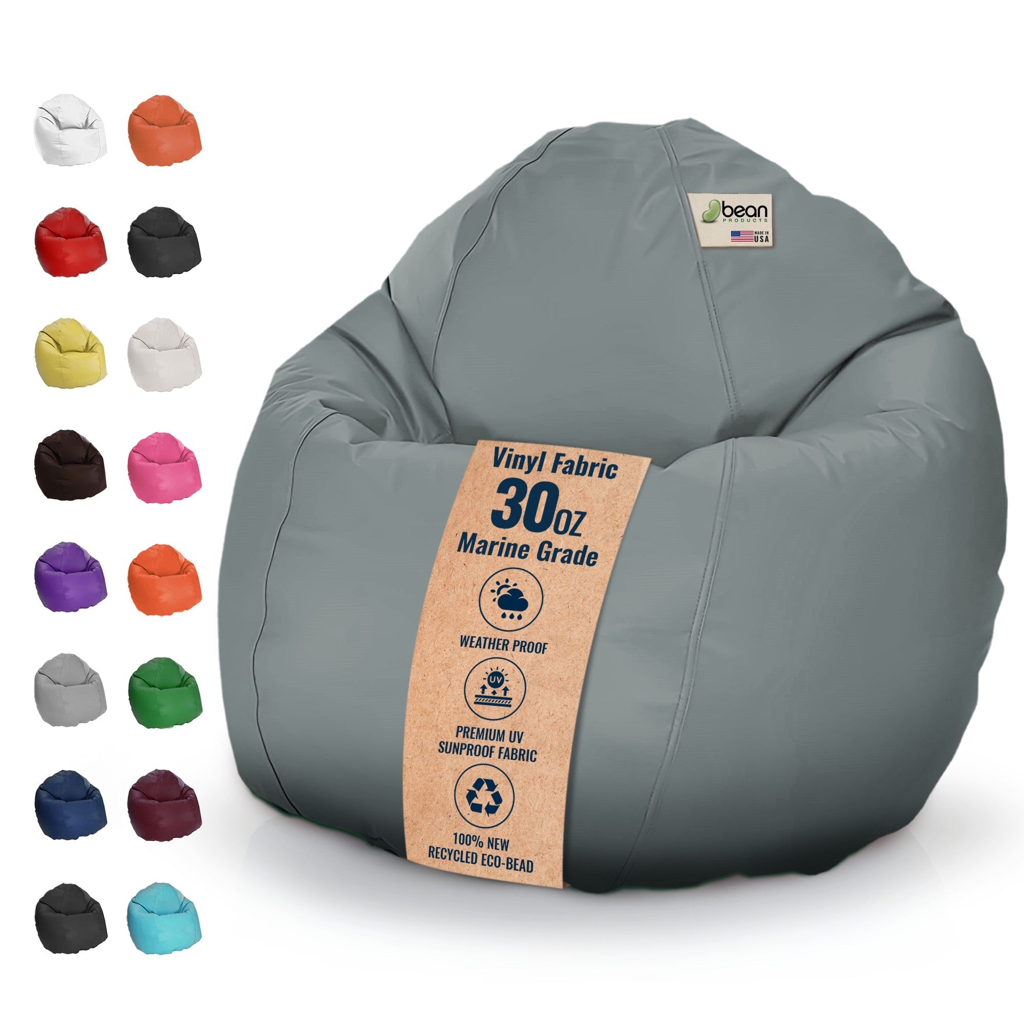 Gray bean bag chair with vinyl fabric label and color swatches on a white background