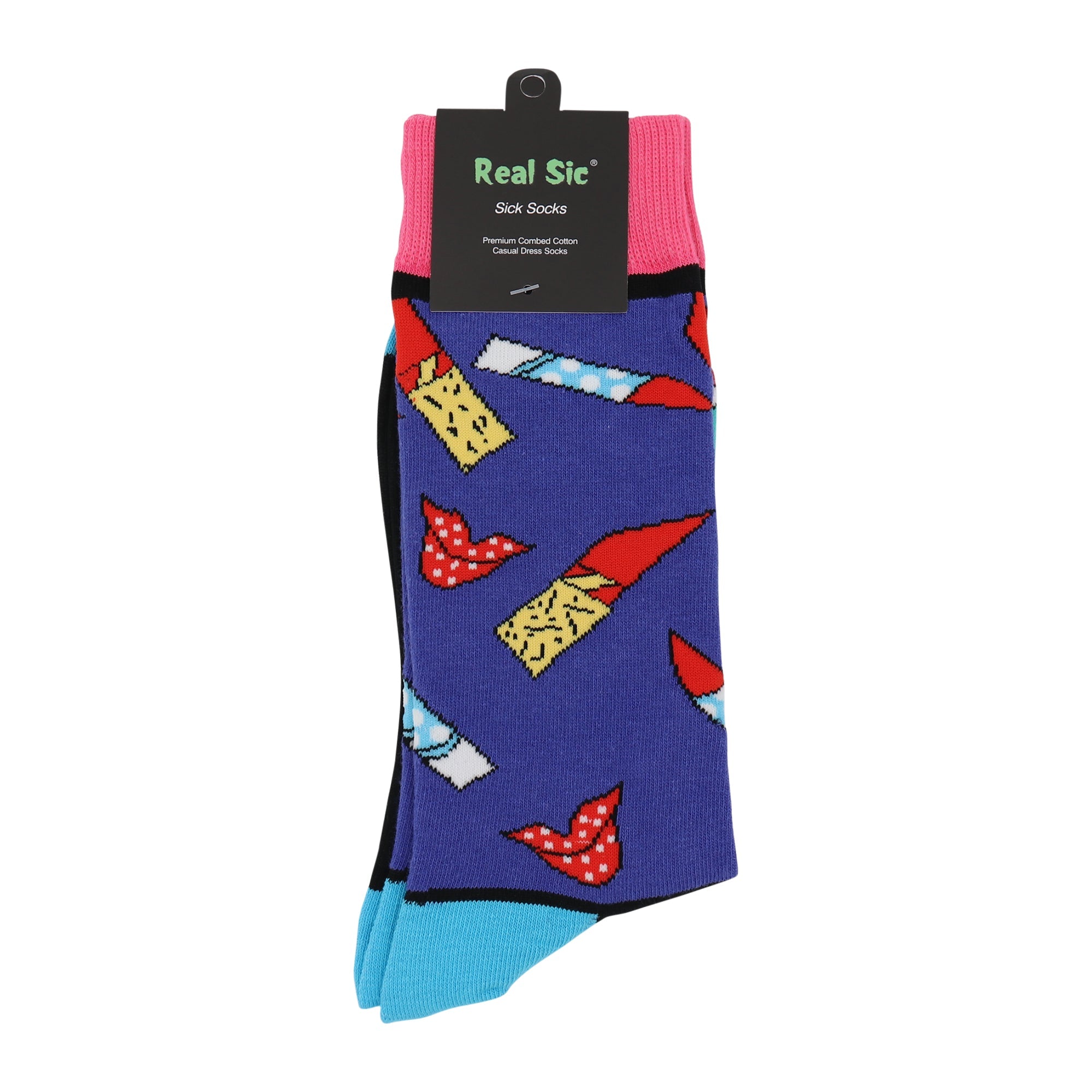 Colorful patterned socks with a 'Real Sic' brand tag on a white background