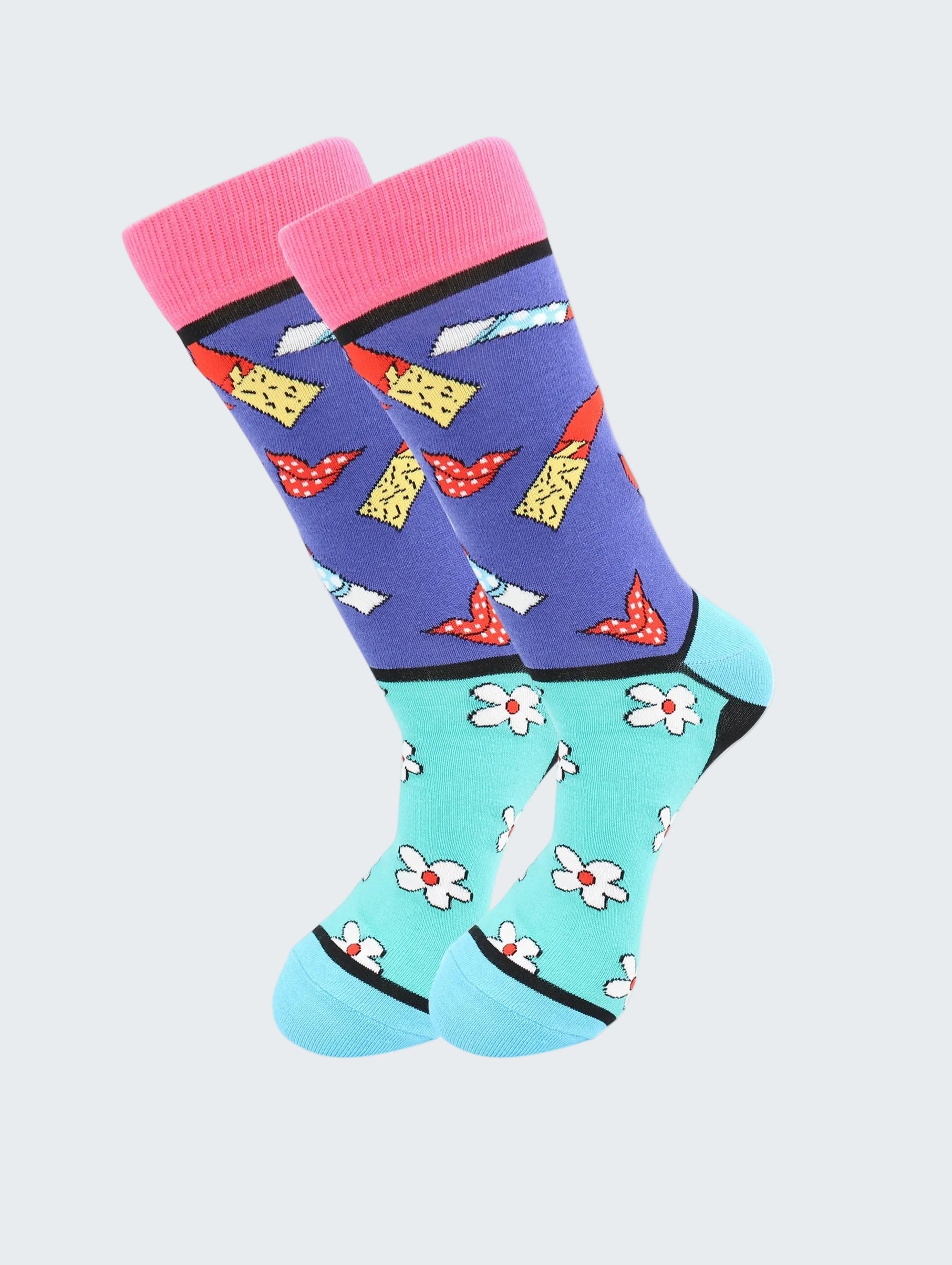 Colorful socks with different patterns on a white background