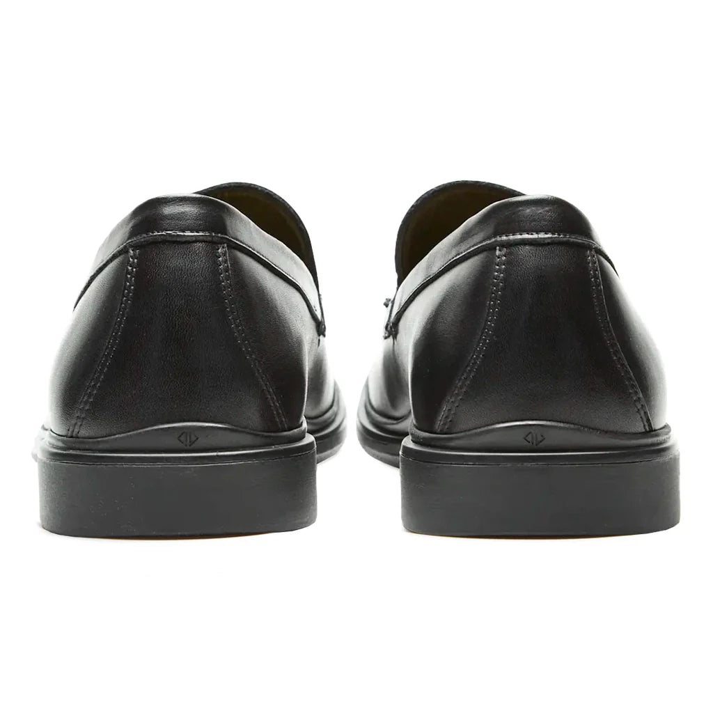 Black leather shoes shown from the back on a white background