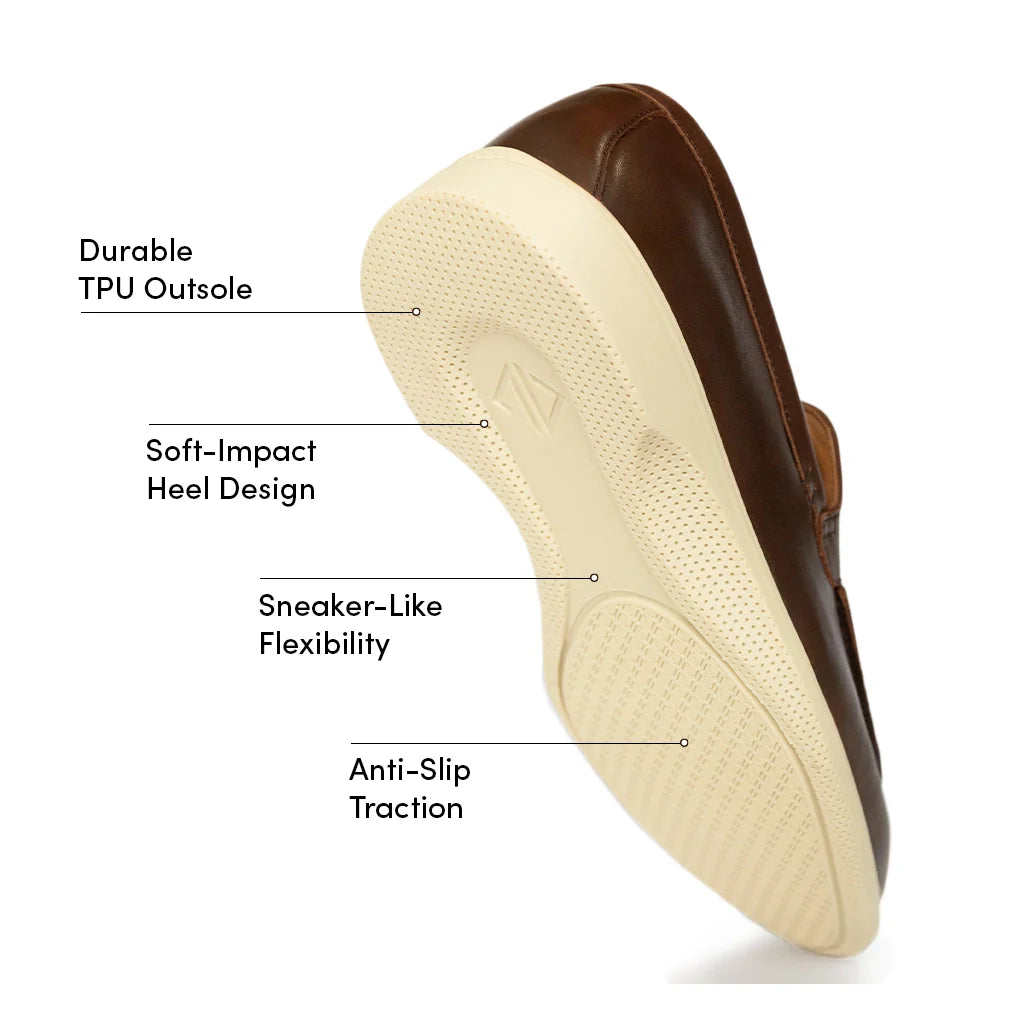 Brown shoe with labeled features on a white background