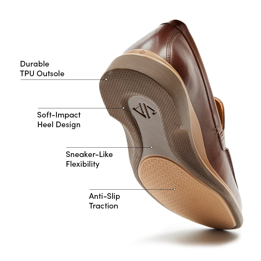 Brown shoe with labeled features on a white background