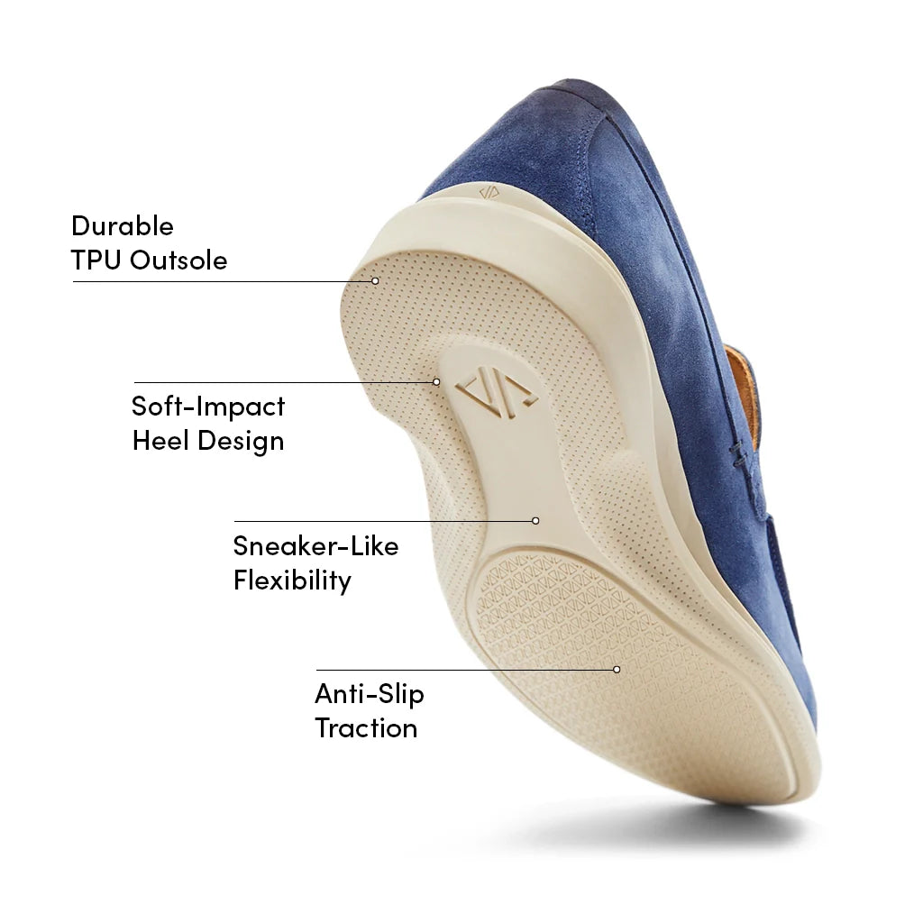 Blue shoe with labeled features on a white background