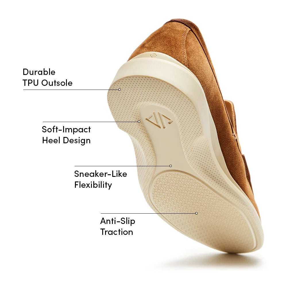 Brown shoe with labeled features on a white background