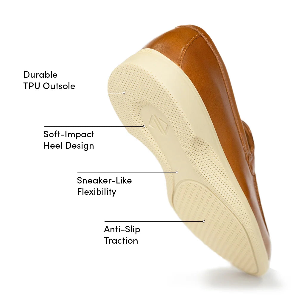 Brown shoe with labeled features on a white background