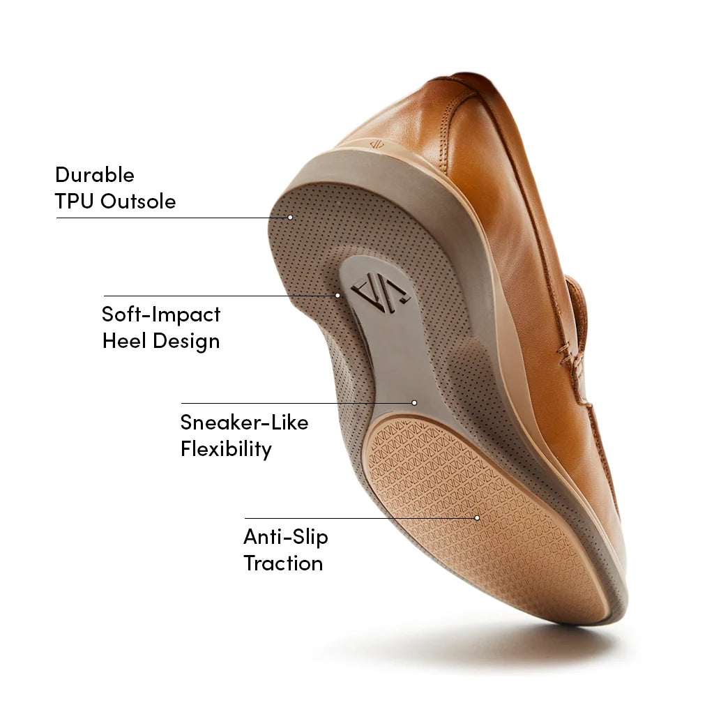 Brown shoe with labeled features on a white background