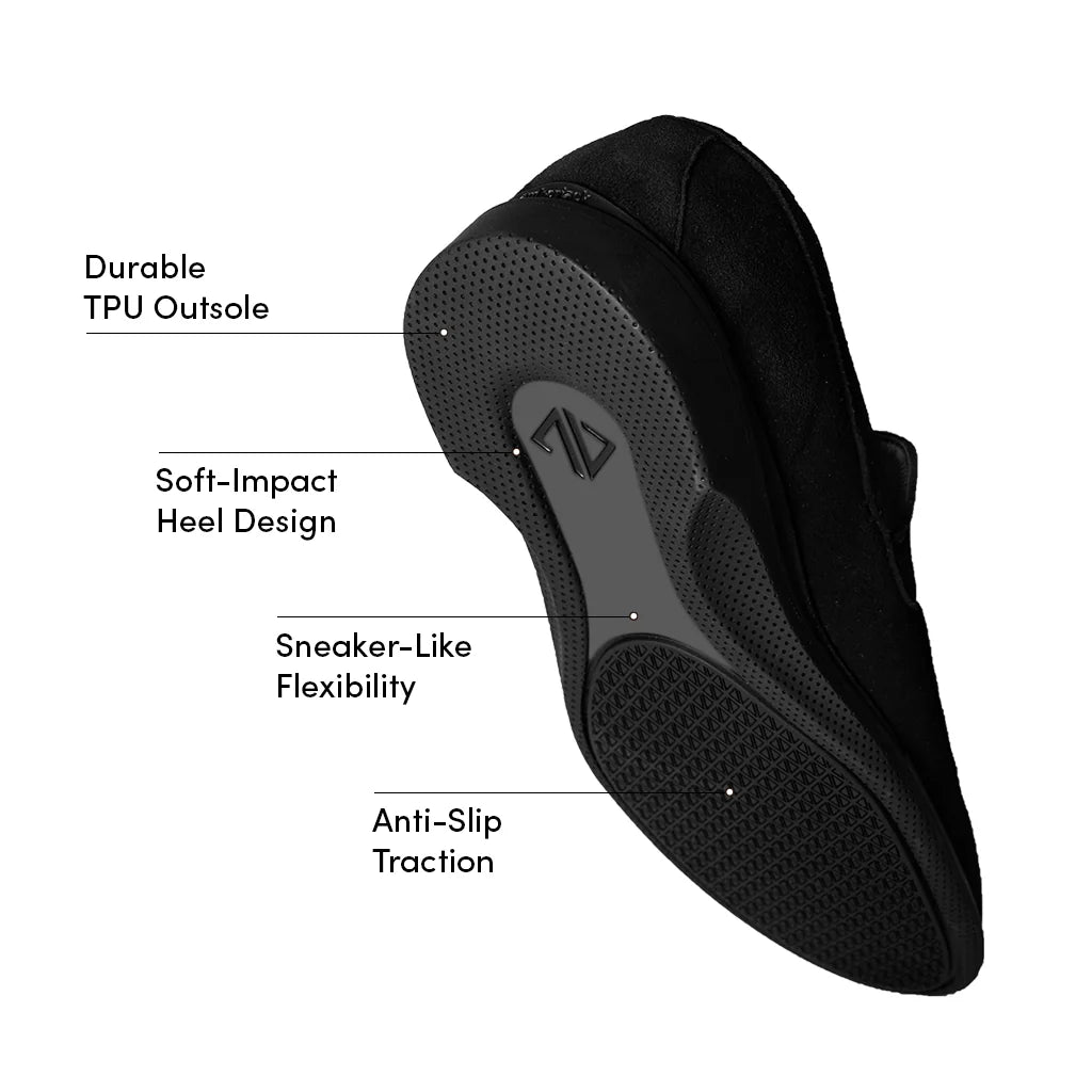 Black shoe sole with labeled features on a white background